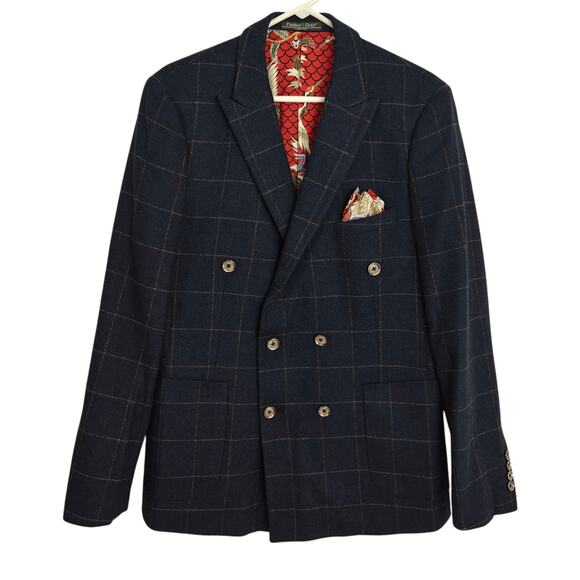 Paisley & Gray Slim Fit Double Breasted Suit Jacket 40R Blue Windowpane Wool - Picture 2 of 16